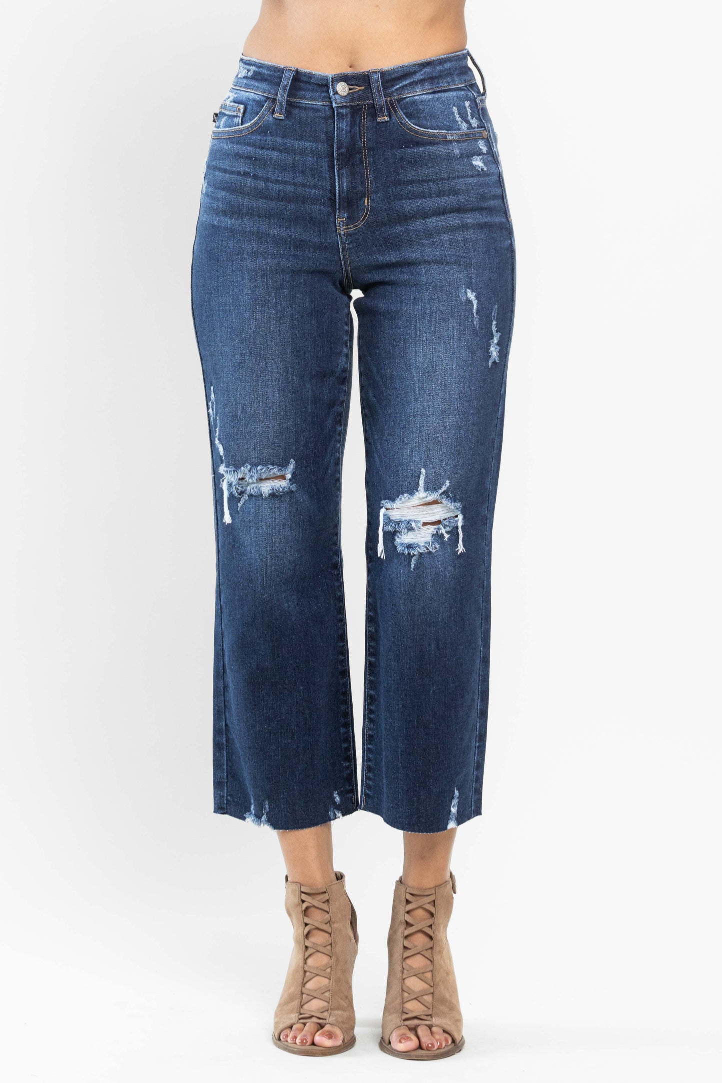 Judy Blue Dark HW Knee Destroy Crop Wide Leg CURVY