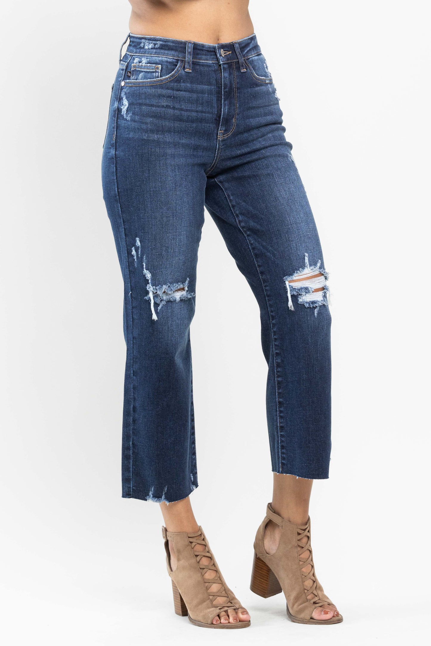 Judy Blue Dark HW Knee Destroy Crop Wide Leg CURVY
