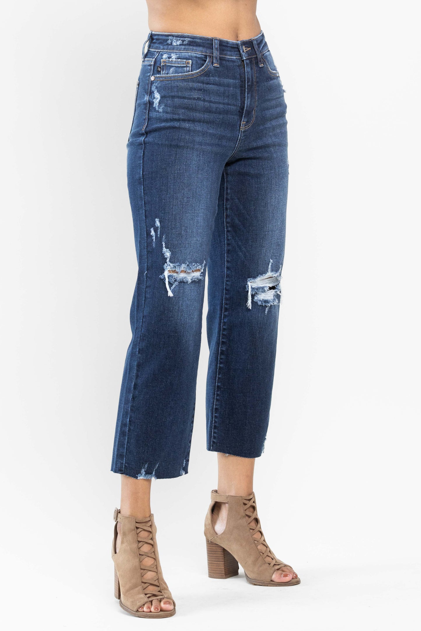 Judy Blue Dark HW Knee Destroy Crop Wide Leg CURVY