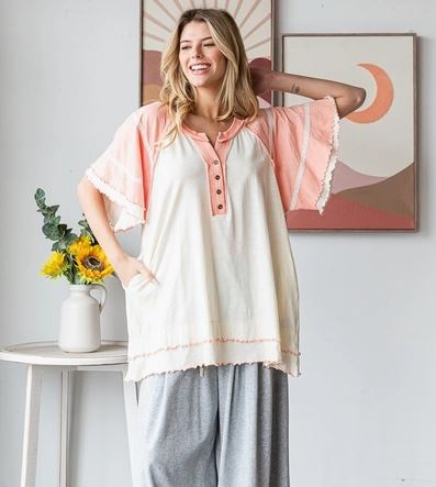 Washed Oversized Wavy Hem V Neck Short Sleeve Top