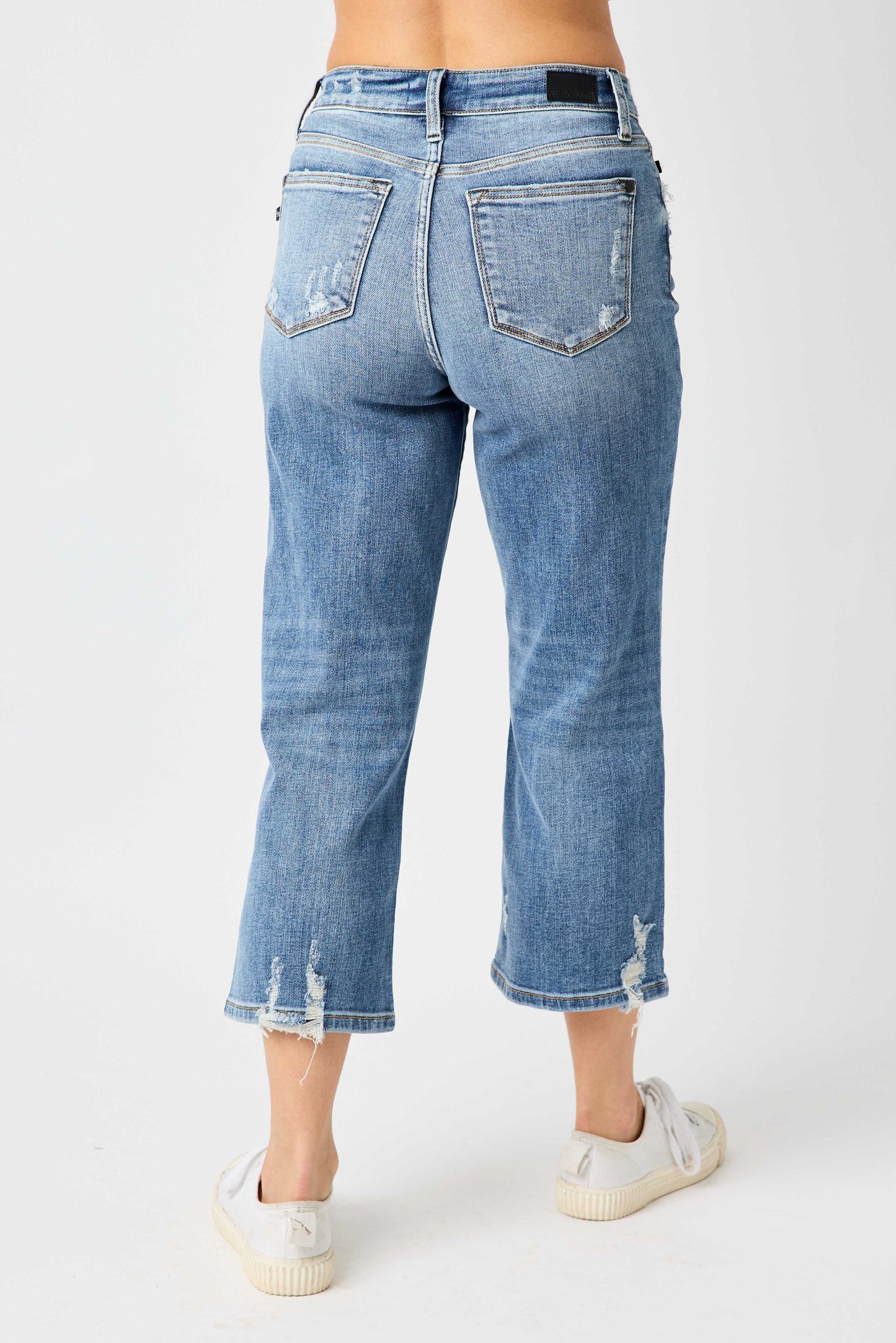 Judy Blue HW Button Fly Wide Leg Crop w/ Destroy Curvy Size