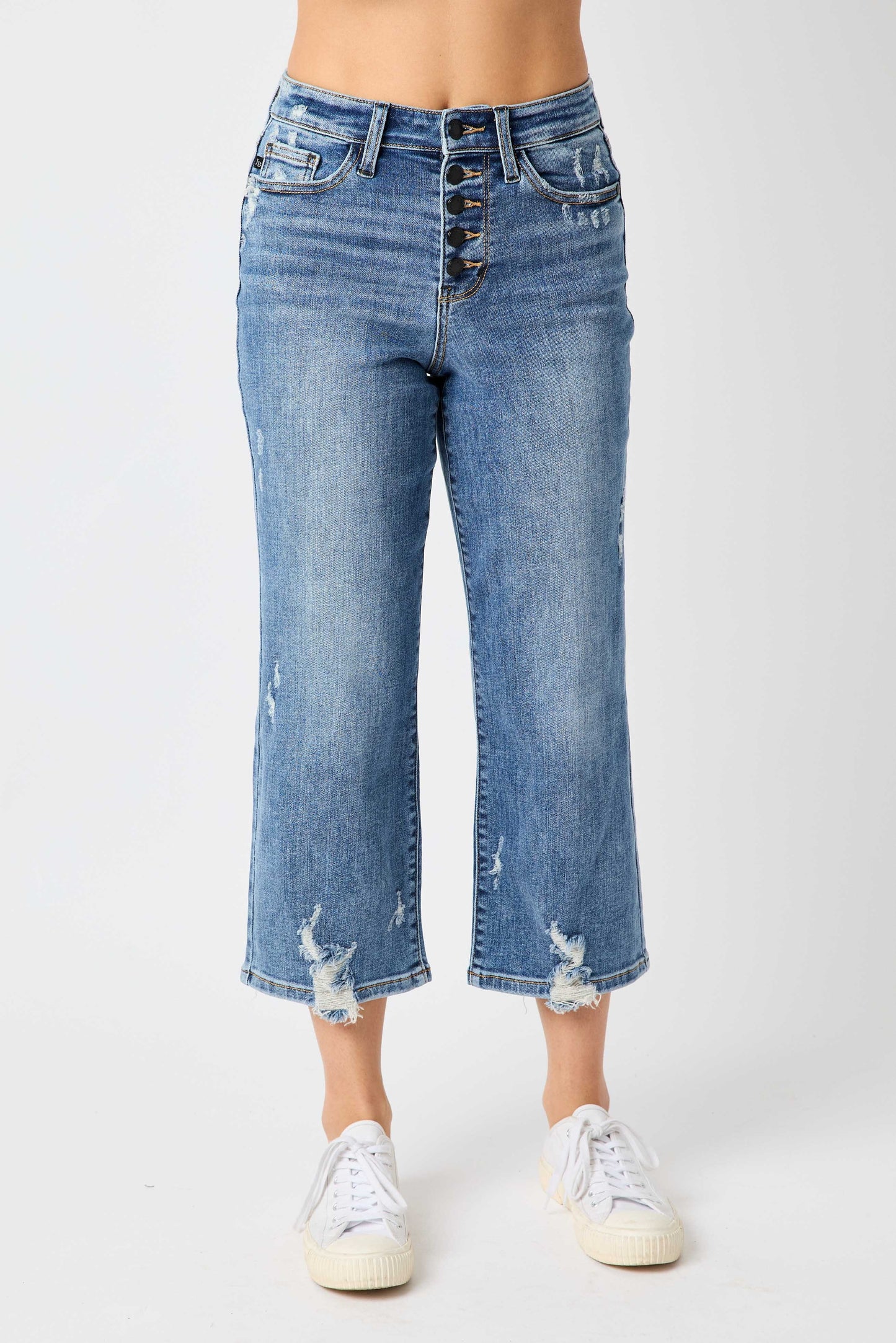 Judy Blue HW Button Fly Wide Leg Crop w/ Destroy Curvy Size
