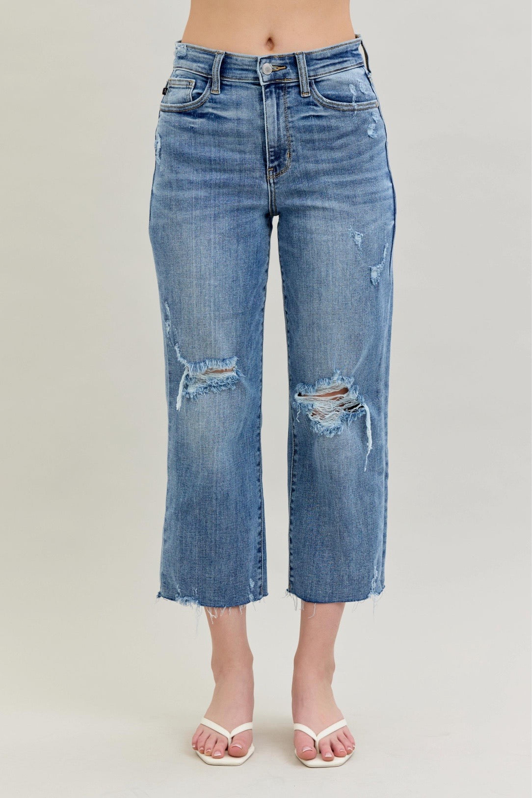 Judy Blue Womens High Waist Destroyed Crop Wide Leg Jeans