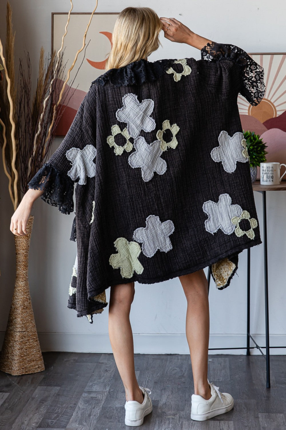 WASHED FLORAL PATCHWORK DUSTER--BLACK