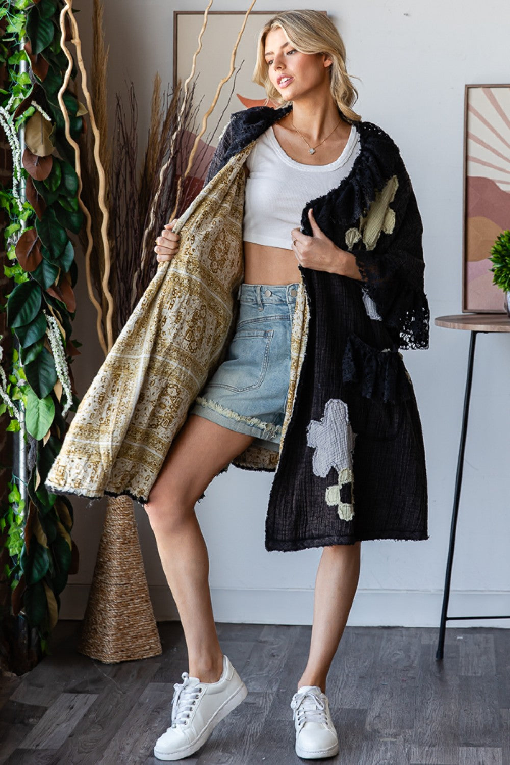 WASHED FLORAL PATCHWORK DUSTER--BLACK