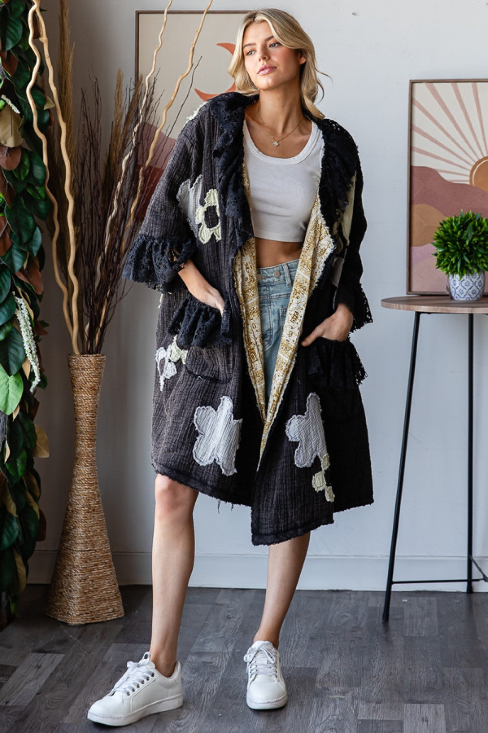 WASHED FLORAL PATCHWORK DUSTER--BLACK