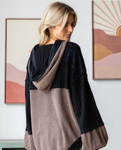 WASHED HENLEY NECK COLORBLOCK TOP HOODED TOP