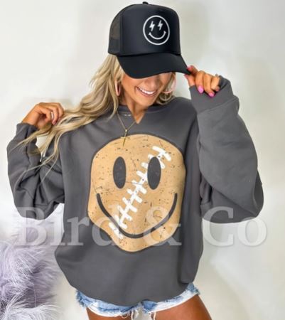 Retro Football Smiley Split Neck Charcoal Crew Sweatshirt