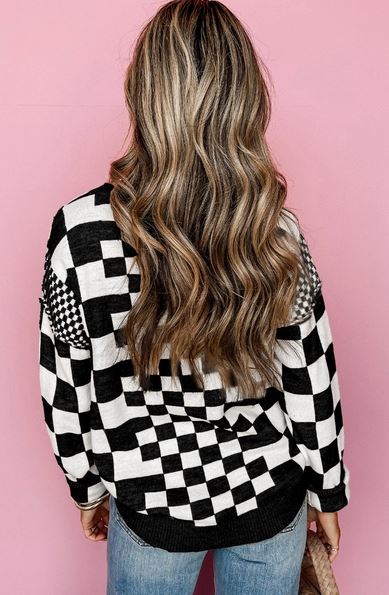 Checkered Drop Shoulder Round Neck Sweater