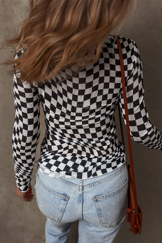 Checkered Mesh Mock Neck Top