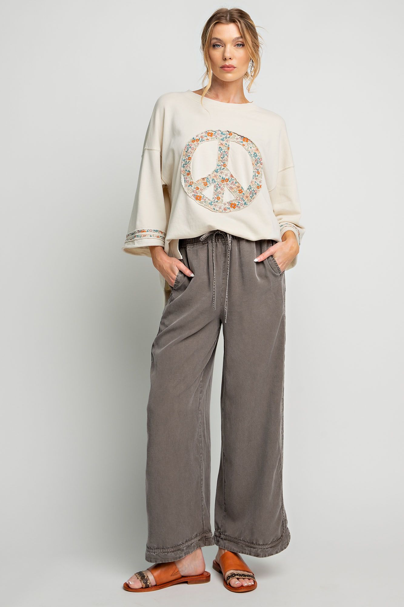 MINERAL WASHED SOFT TWILL WIDE LEG PANTS