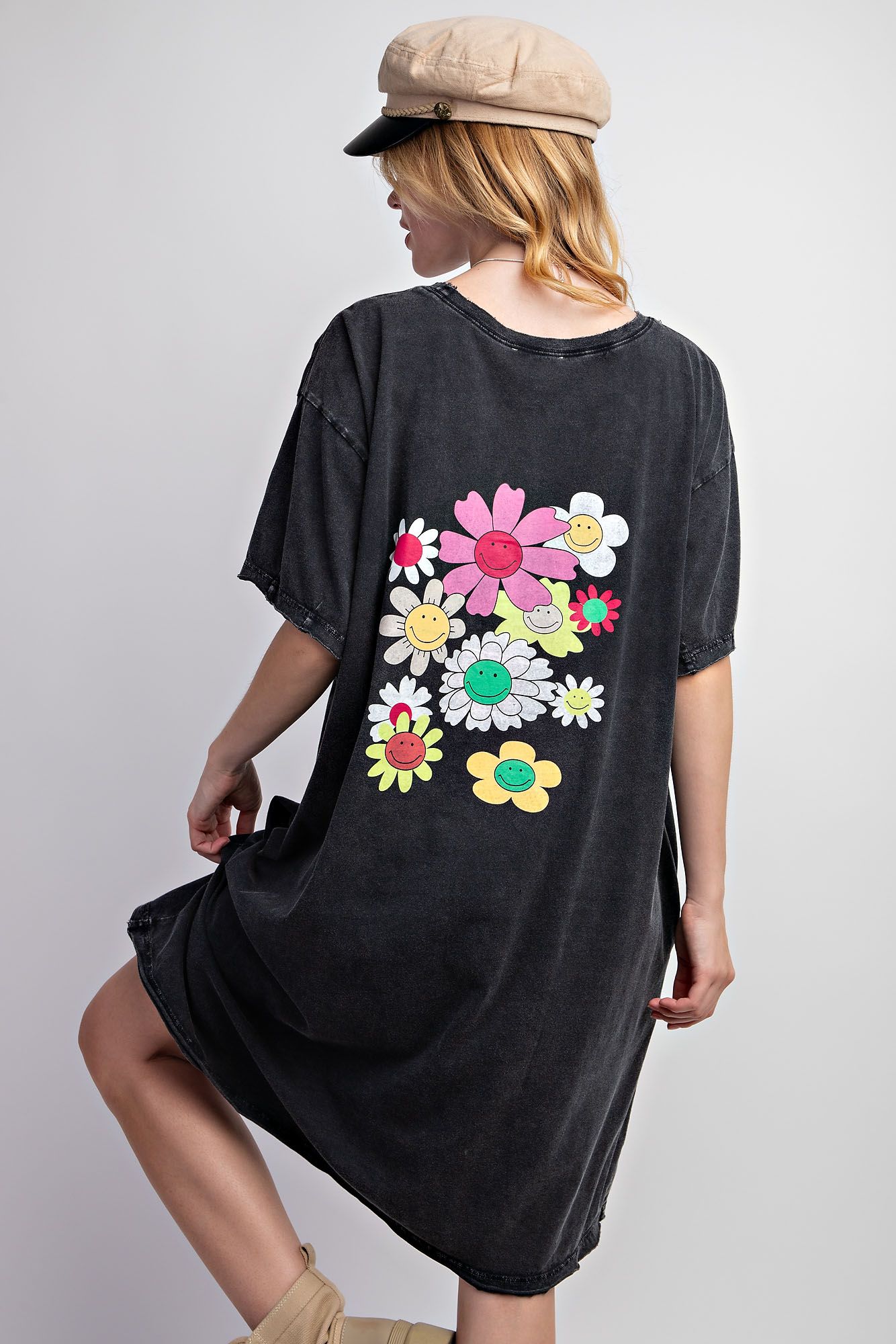 SILK SCREEN FLORAL PRINT WASHED TUNIC DRESS