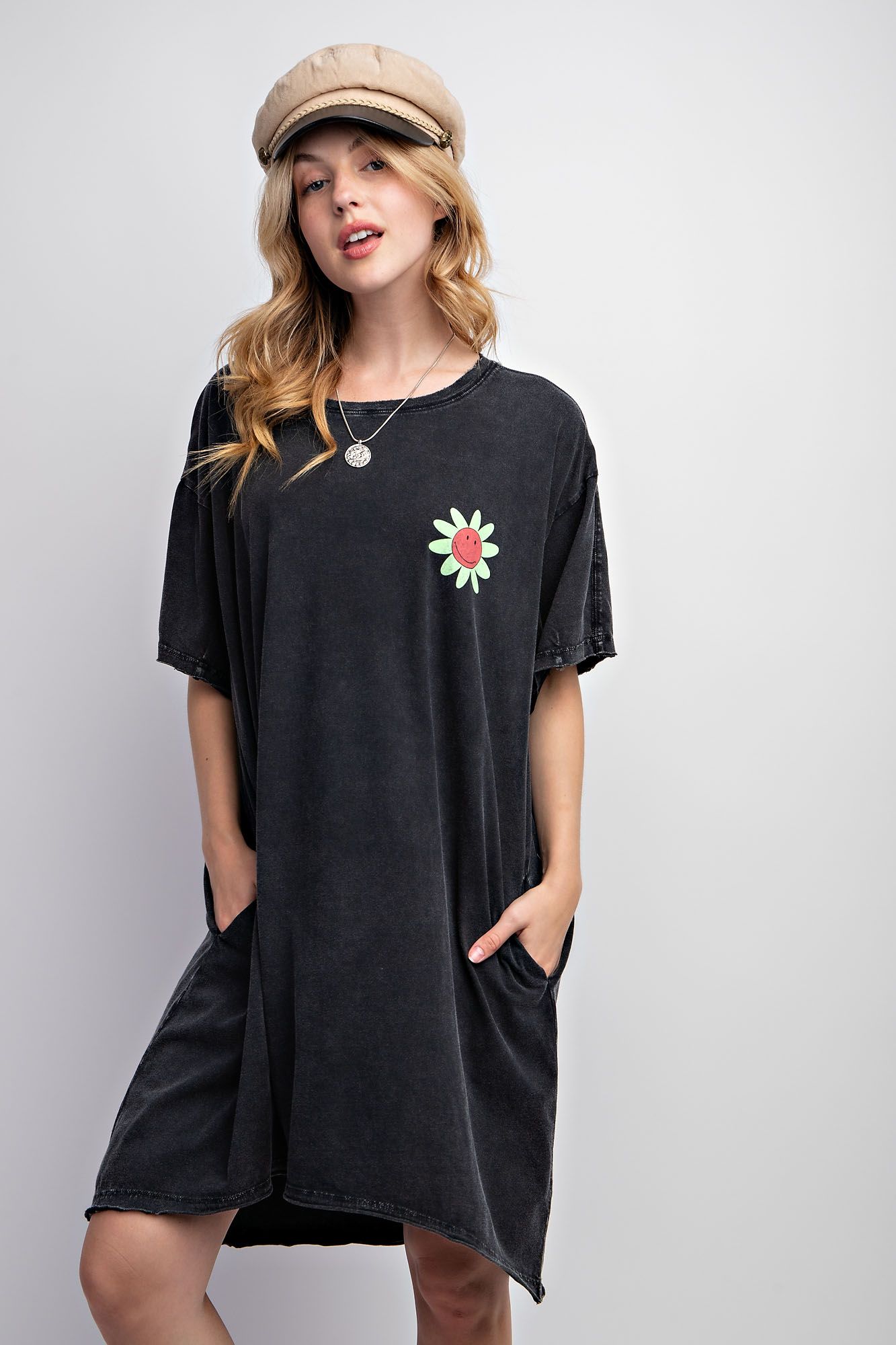 SILK SCREEN FLORAL PRINT WASHED TUNIC DRESS