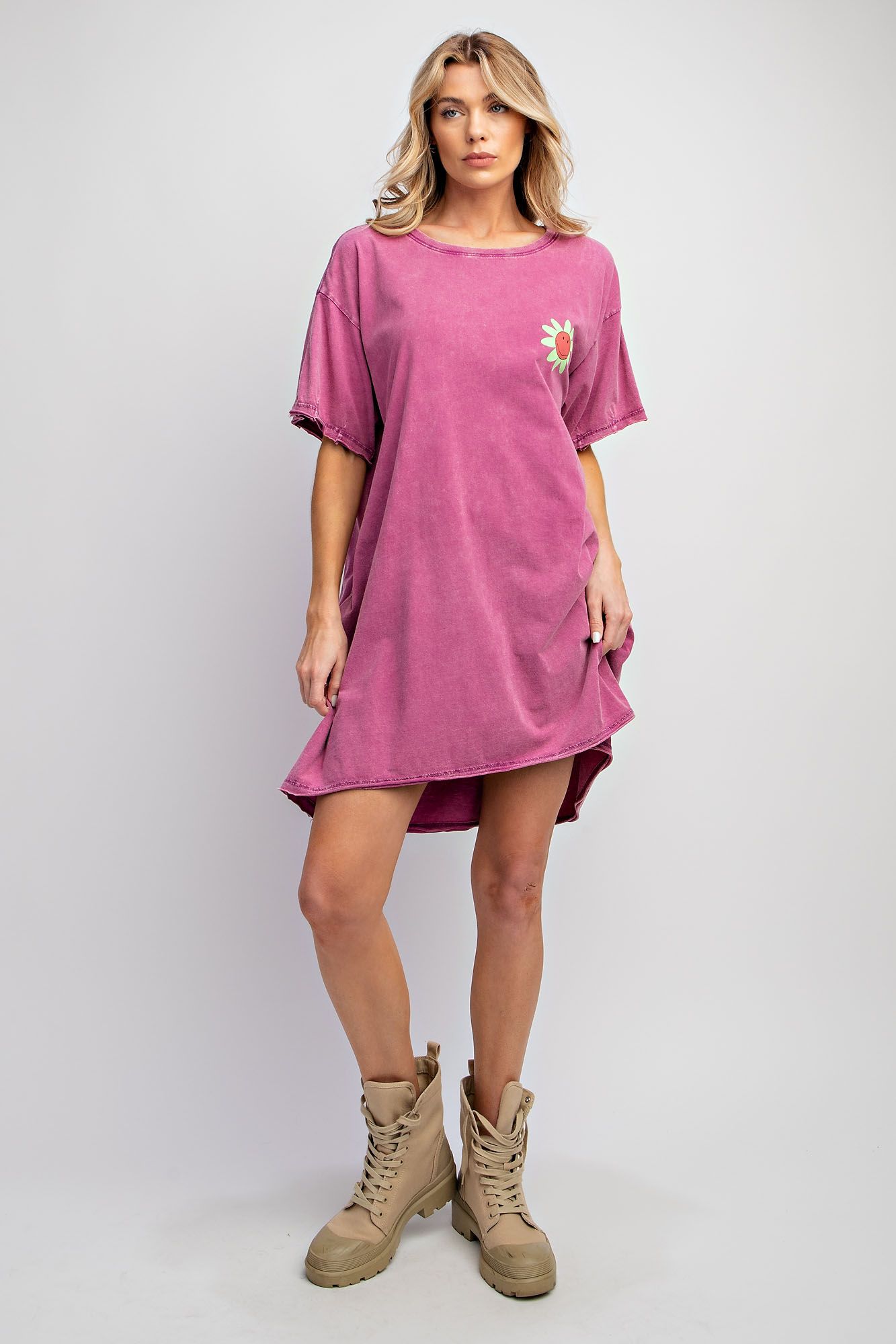 SILK SCREEN FLORAL PRINT WASHED TUNIC DRESS