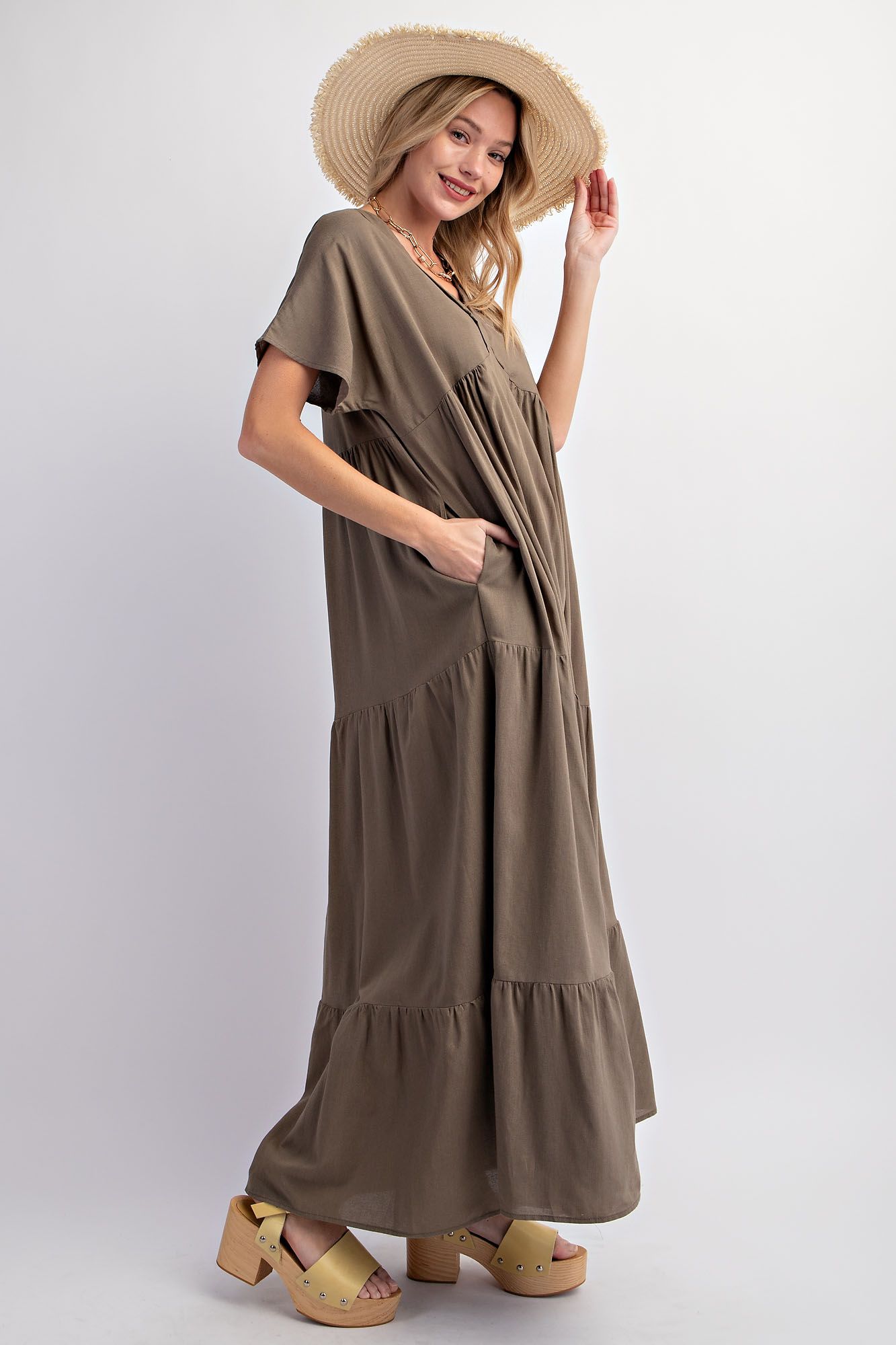 POLY CREPE V NECK MAXI DRESS