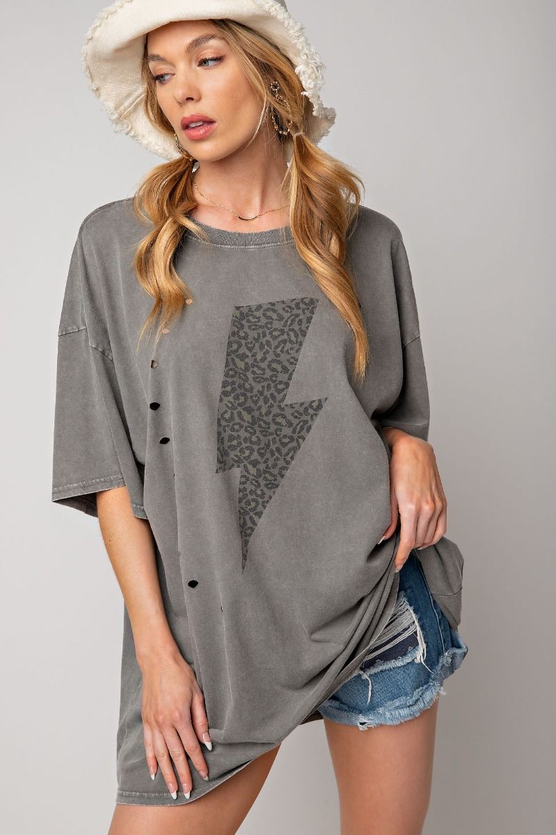 LIGHTNING PRINTED MINERAL WASHED DISTRESSED TEE