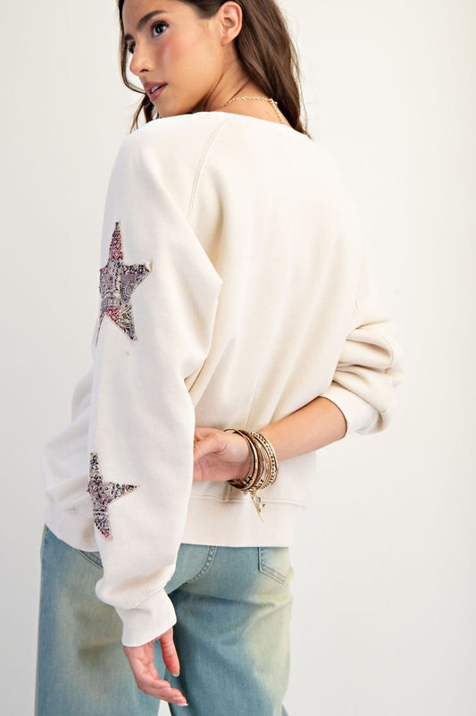 Ecru STAR PATCHED WASHED TERRY PULLOVER