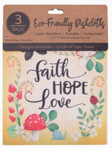 Eco Friendly Dishcloth Set: Merry Mushroom; Faith Hope Love