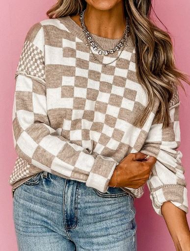 Checkered Drop Shoulder Round Neck Sweater