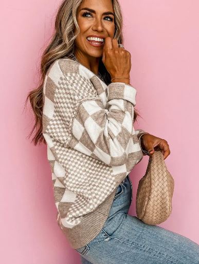 Checkered Drop Shoulder Round Neck Sweater