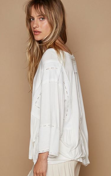 Oversize V-Neck Long Sleeve Lace Trim Solid Knit Top
