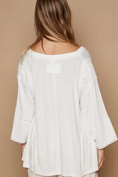 Oversize V-Neck Long Sleeve Lace Trim Solid Knit Top