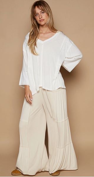 Oversize V-Neck Long Sleeve Lace Trim Solid Knit Top