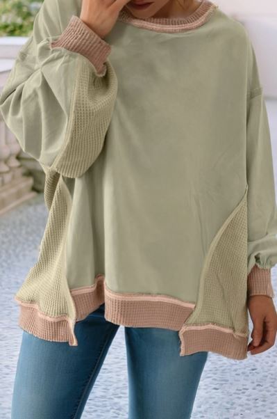 Smoke Green Waffle Patchwork Oversize Sweatshirt