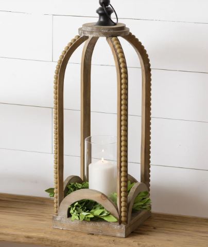 Lantern - Wood With Beading, Lg