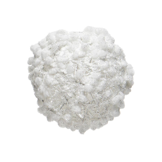 WHITE PUFF BALL ORNAMENT WITH GLITTER & MICA SMALL 4"