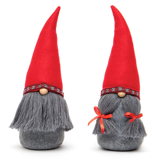 FRITZ AND FREDA GNOME RED/GREY WITH HAT, WOOD NOSE
