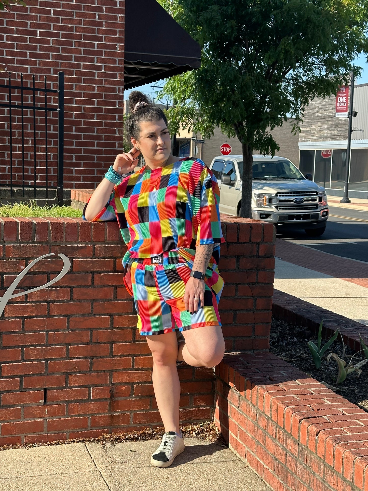 Color Theory Checkered Plisse Short Set