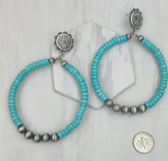 Blue Turquoise Stone & Silver Navajo Pearl Beads Circle Earrings.