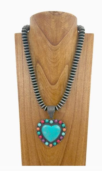 Silver Navajo Pearls w/ Blue Turquoise Heart Stone Pendent