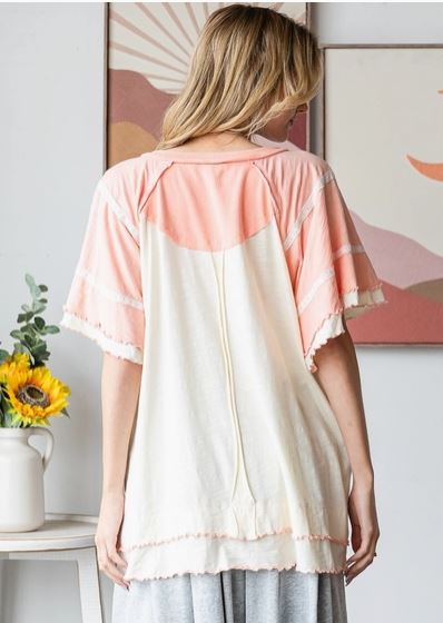 Washed Oversized Wavy Hem V Neck Short Sleeve Top