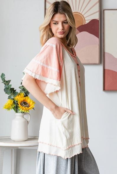 Washed Oversized Wavy Hem V Neck Short Sleeve Top