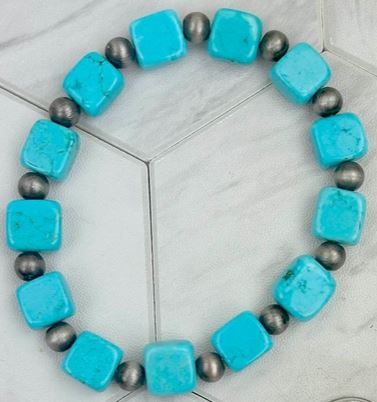 Turquoise Stone Beads W/Silver Navajo Pearl Beads Bracelet