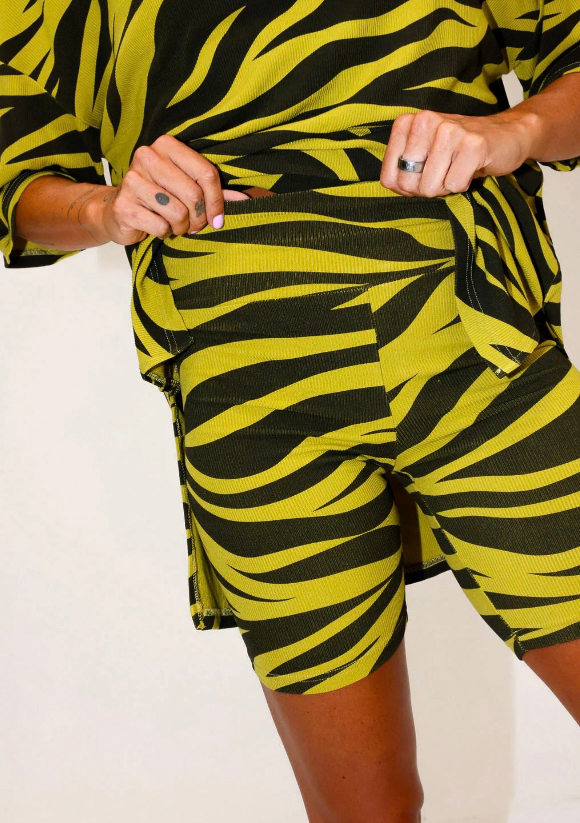 Over It Green Zebra Ribbed Biker Set