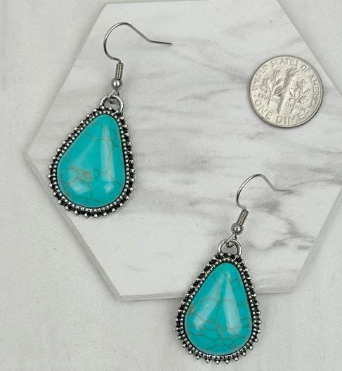Silver with Turquoise Stone Beads Teardrop Earrings