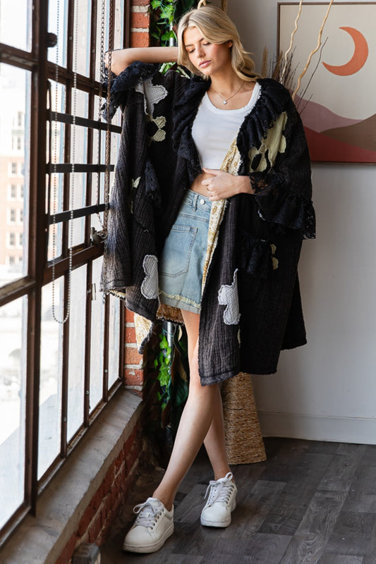 WASHED FLORAL PATCHWORK DUSTER--BLACK
