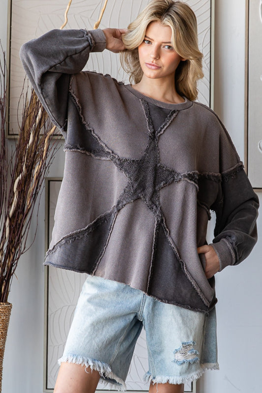 WASHED STAR CREWNECK TOP--GREY