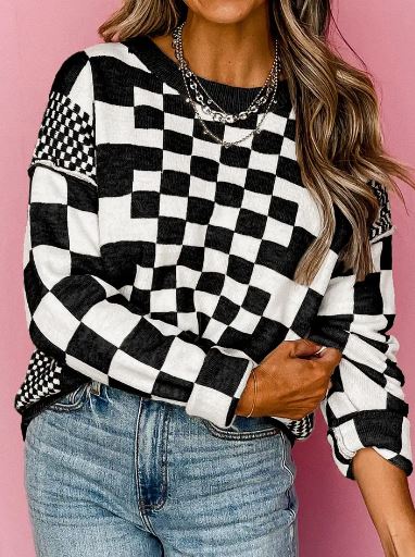 Checkered Drop Shoulder Round Neck Sweater