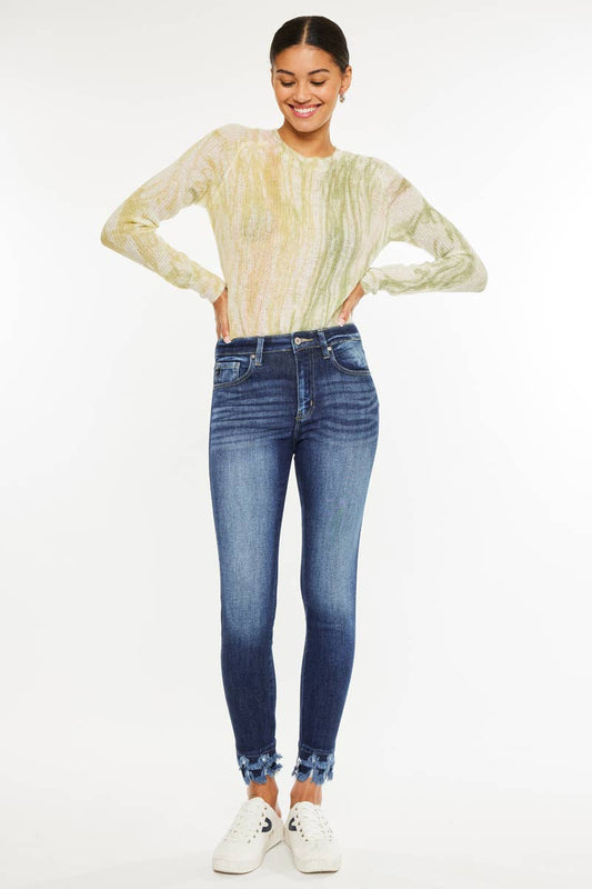 KanCan HIGH RISE FRAYED HEM ANKLE SKINNY JEANS DARK STONE WASH