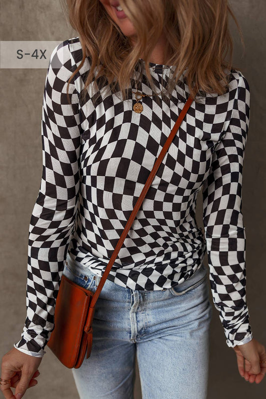 Checkered Mesh Mock Neck Top