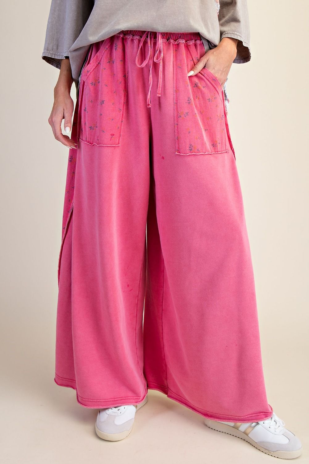 Candy Pink Washed Terry Palazzo Pants