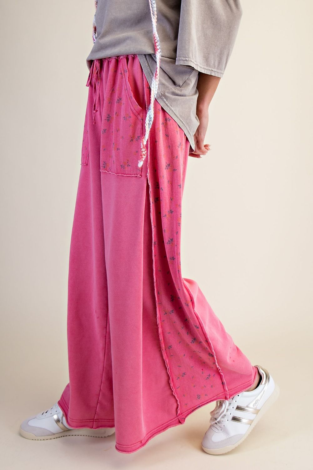 Candy Pink Washed Terry Palazzo Pants