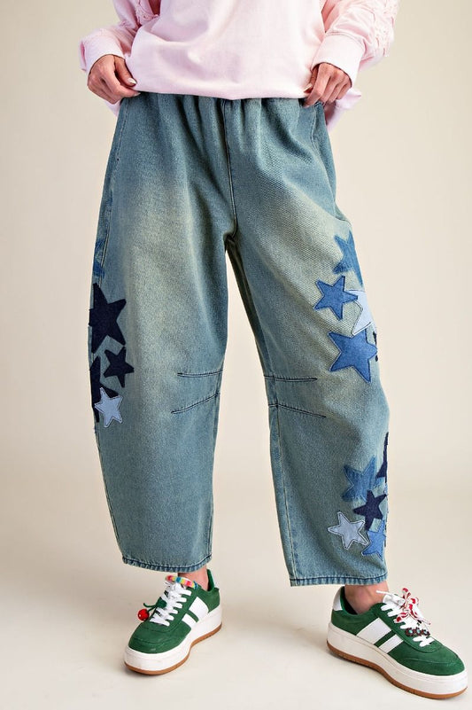 STAR PATCH BARREL DENIM PANTS