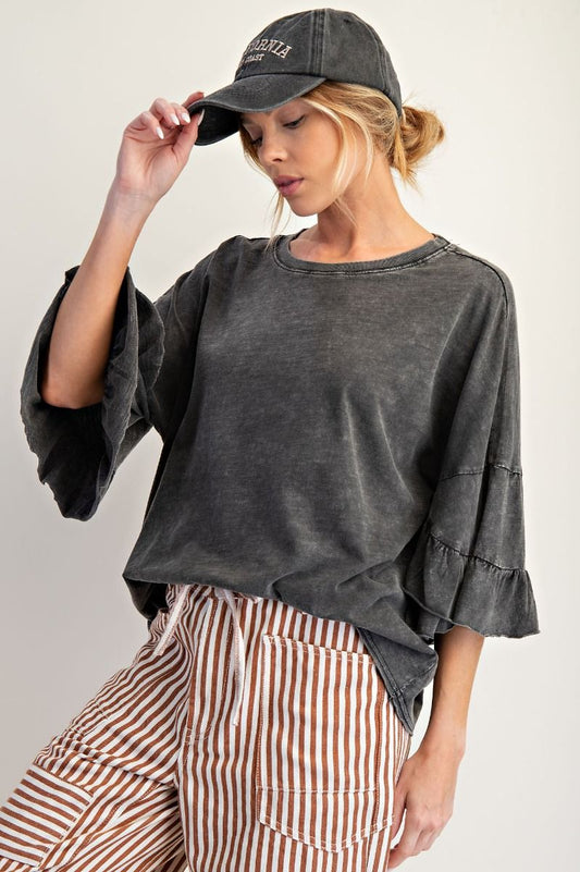 RUFFLE SLEEVE COTTON SLUB TOP