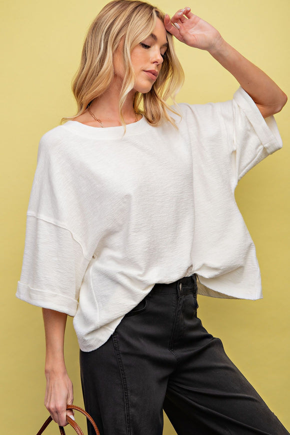 3/4 SLVS TEXTURED KNIT CROP TOP