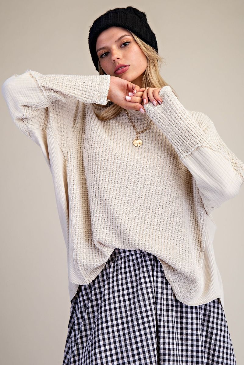 WASHED THERMAL WAFFLE KNIT TOP